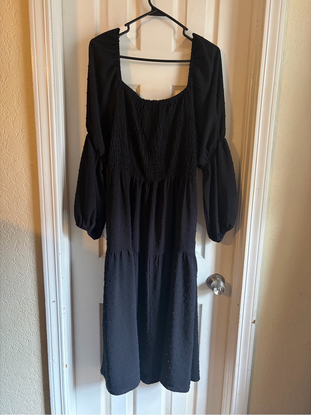 Black Smocked Midi Dress with Puff Sleeves